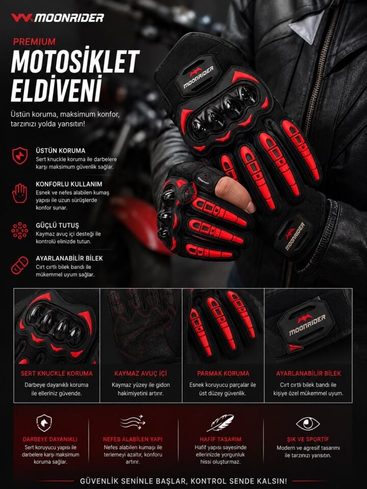 Moonrider Motosiklet Eldiveni-Siyah Kırmızı