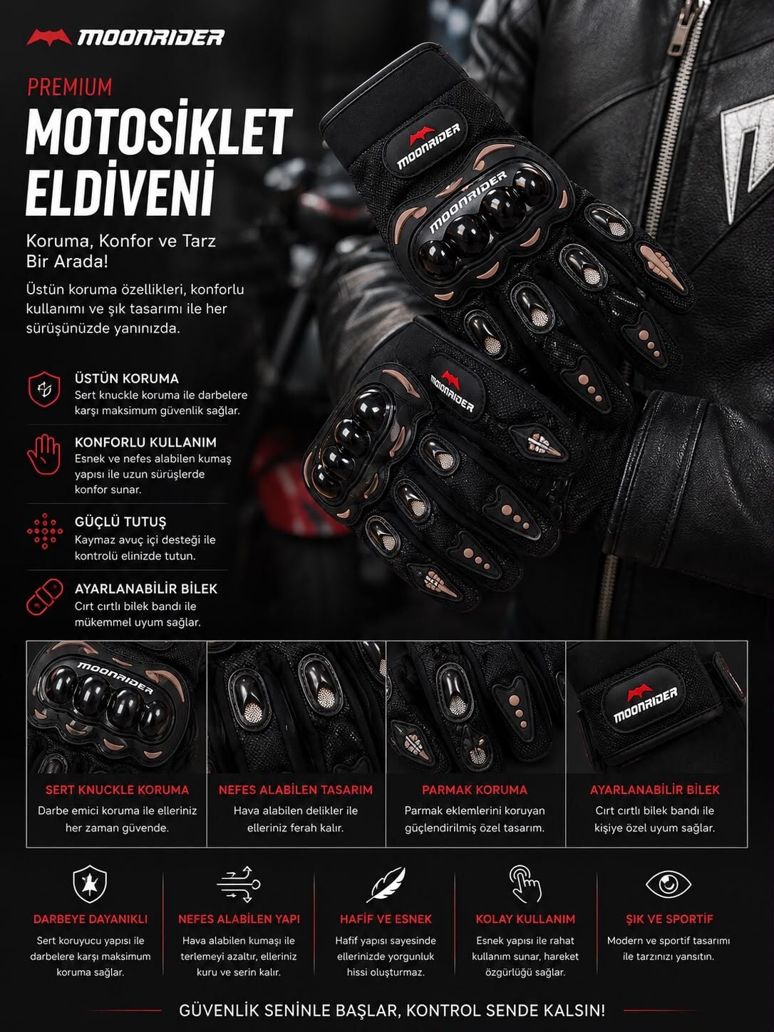 Moonrider Motosiklet Eldiveni - Siyah Bakır