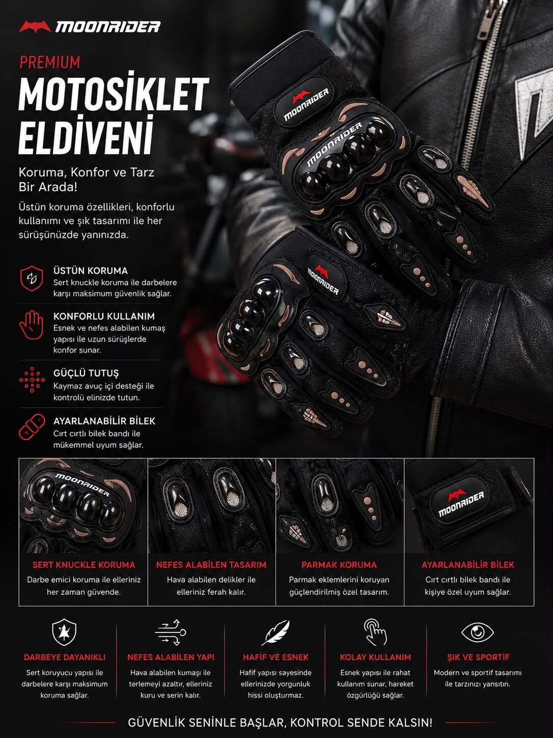 Moonrider Motosiklet Eldiveni - Siyah Bakır