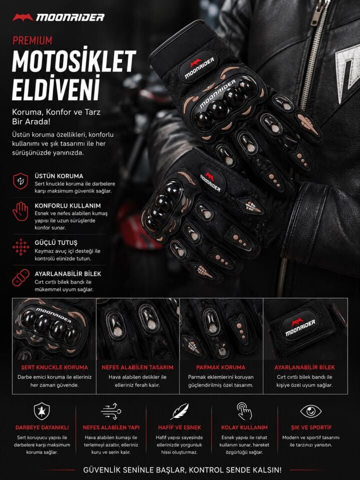 Moonrider Motosiklet Eldiveni - Siyah Bakır