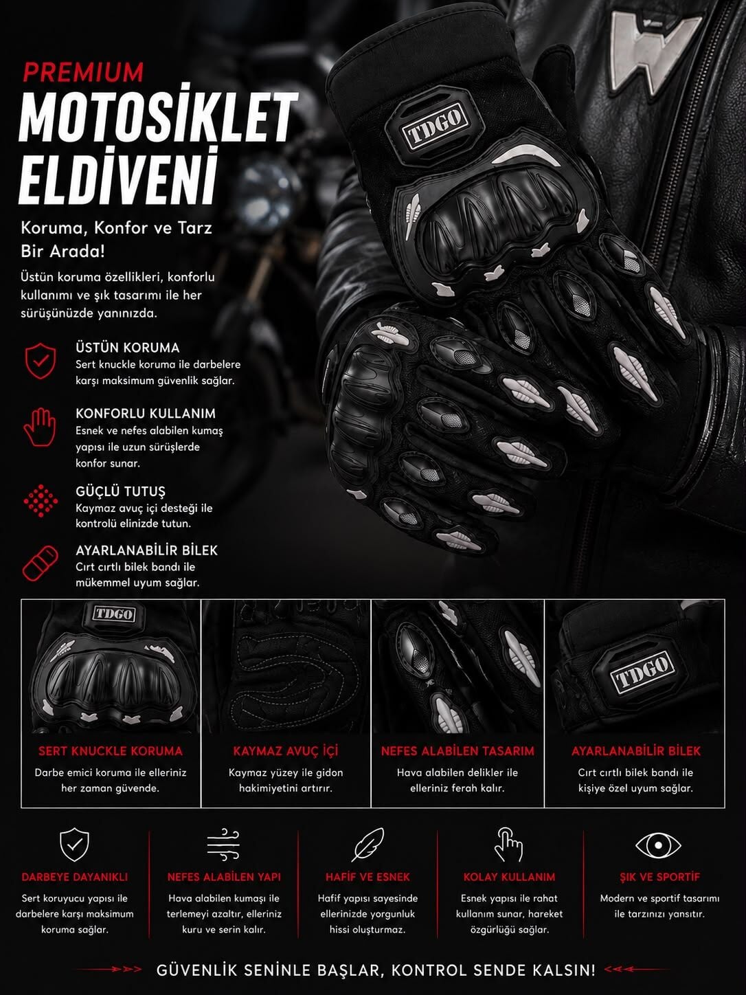 TDGO Motosiklet Siyah Eldiven