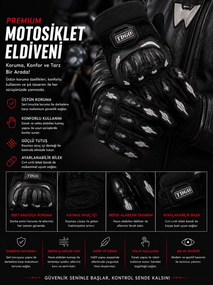 TDGO Motosiklet Siyah Eldiven