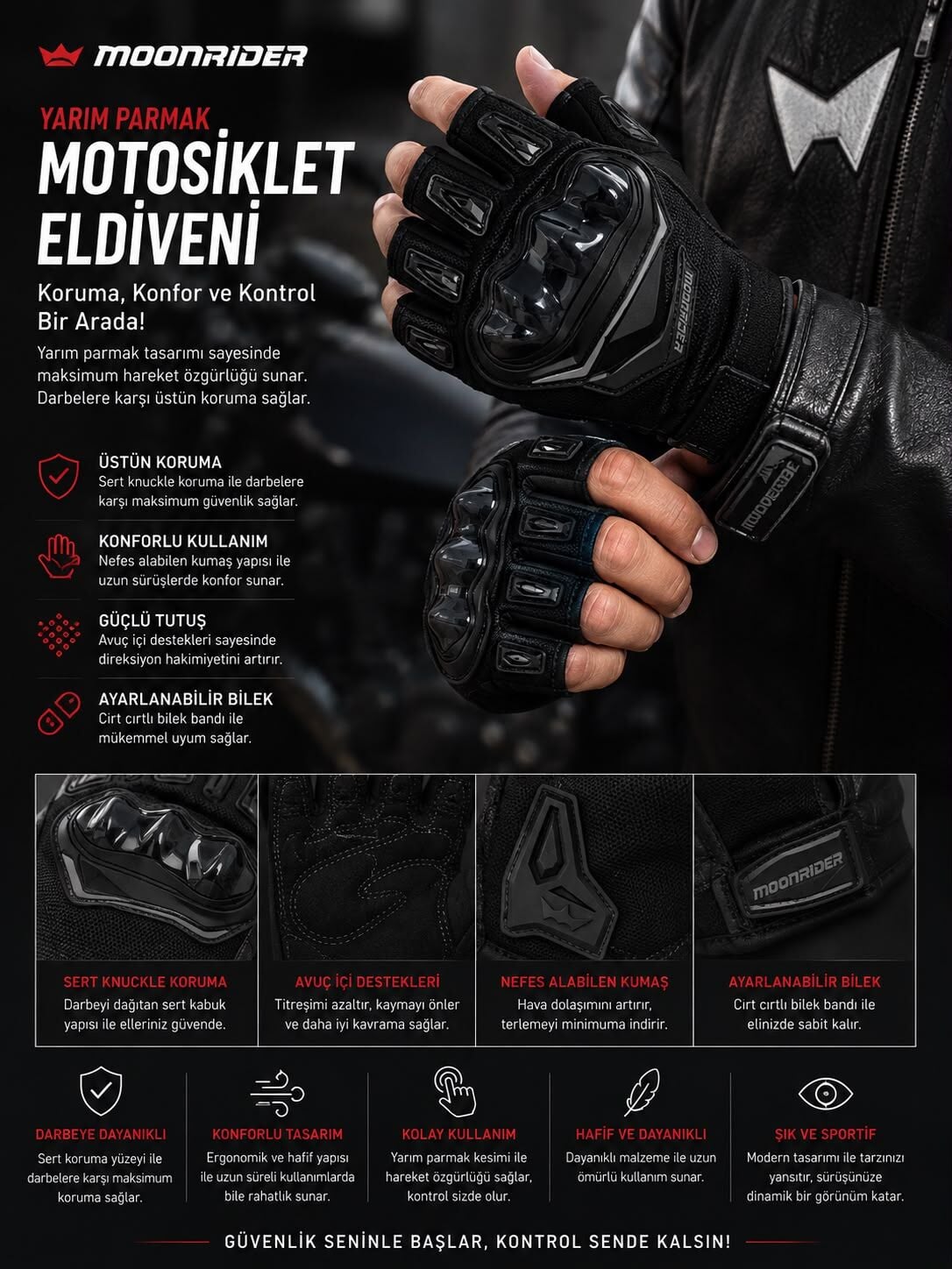 Moonrider Yarım Parmak Motosiklet Eldiveni