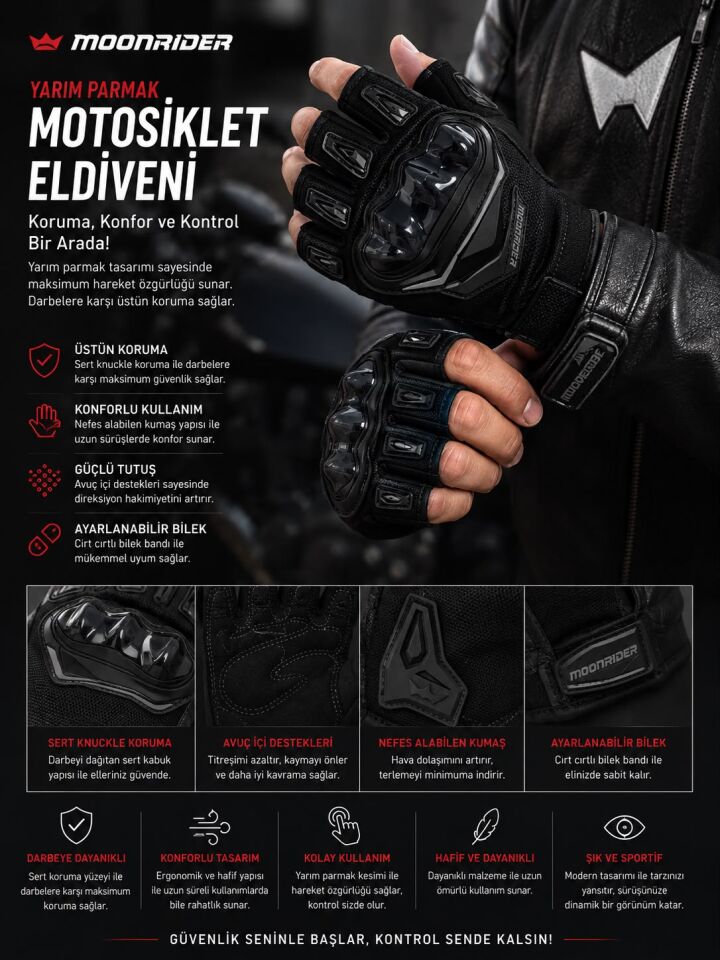 Moonrider Yarım Parmak Motosiklet Eldiveni