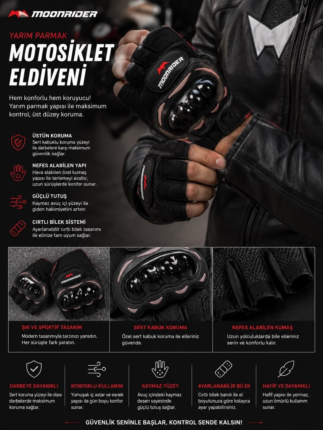 Moonrider Yarım Parmak Motosiklet Eldiveni
