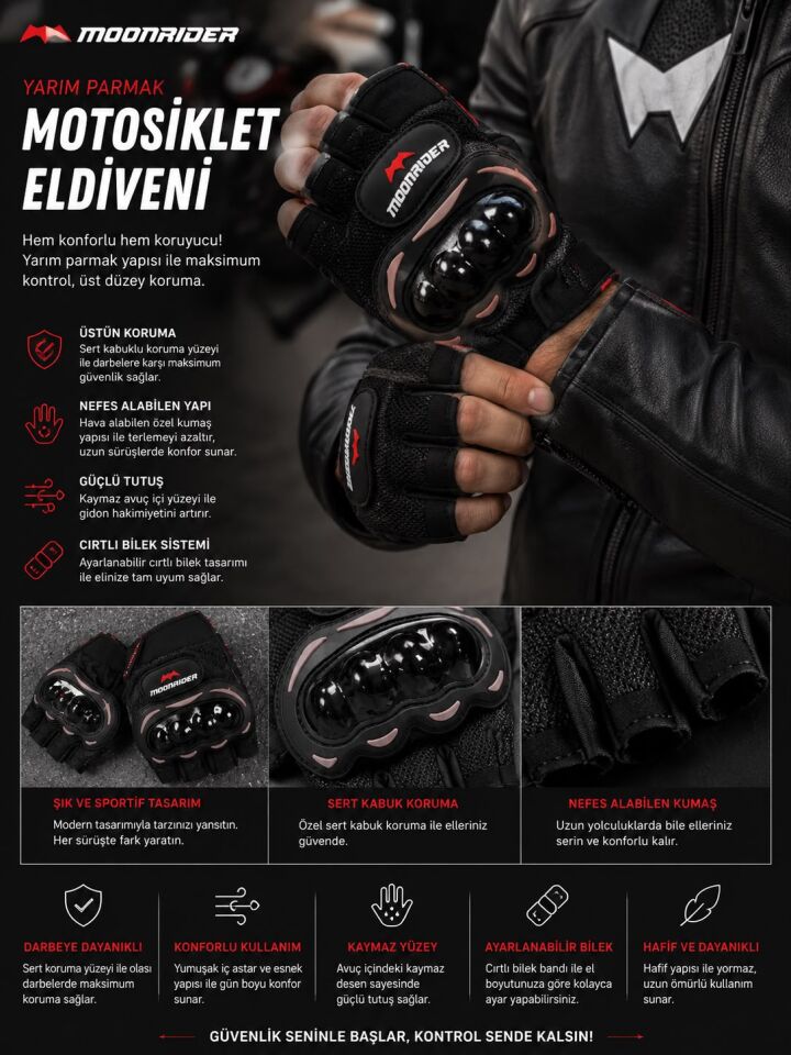 Moonrider Yarım Parmak Motosiklet Eldiveni